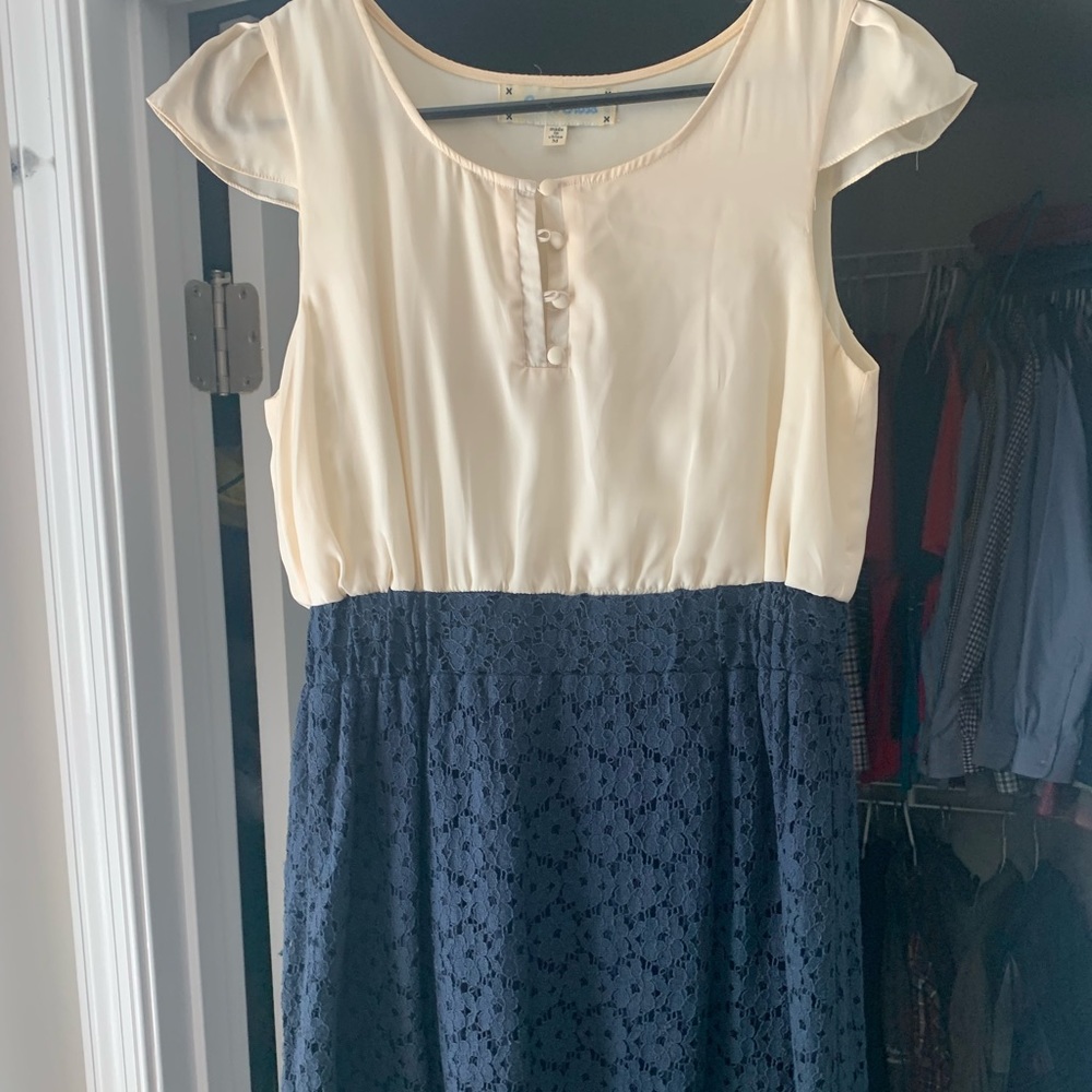 Cream/Navy Lace Knee-Length Boutique Dress